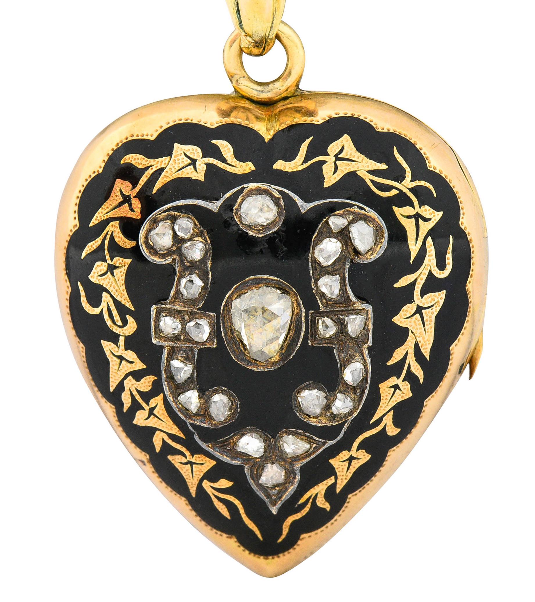 Women's or Men's Victorian Enamel Rose Cut Diamond 14 Karat Gold Mourning Locket