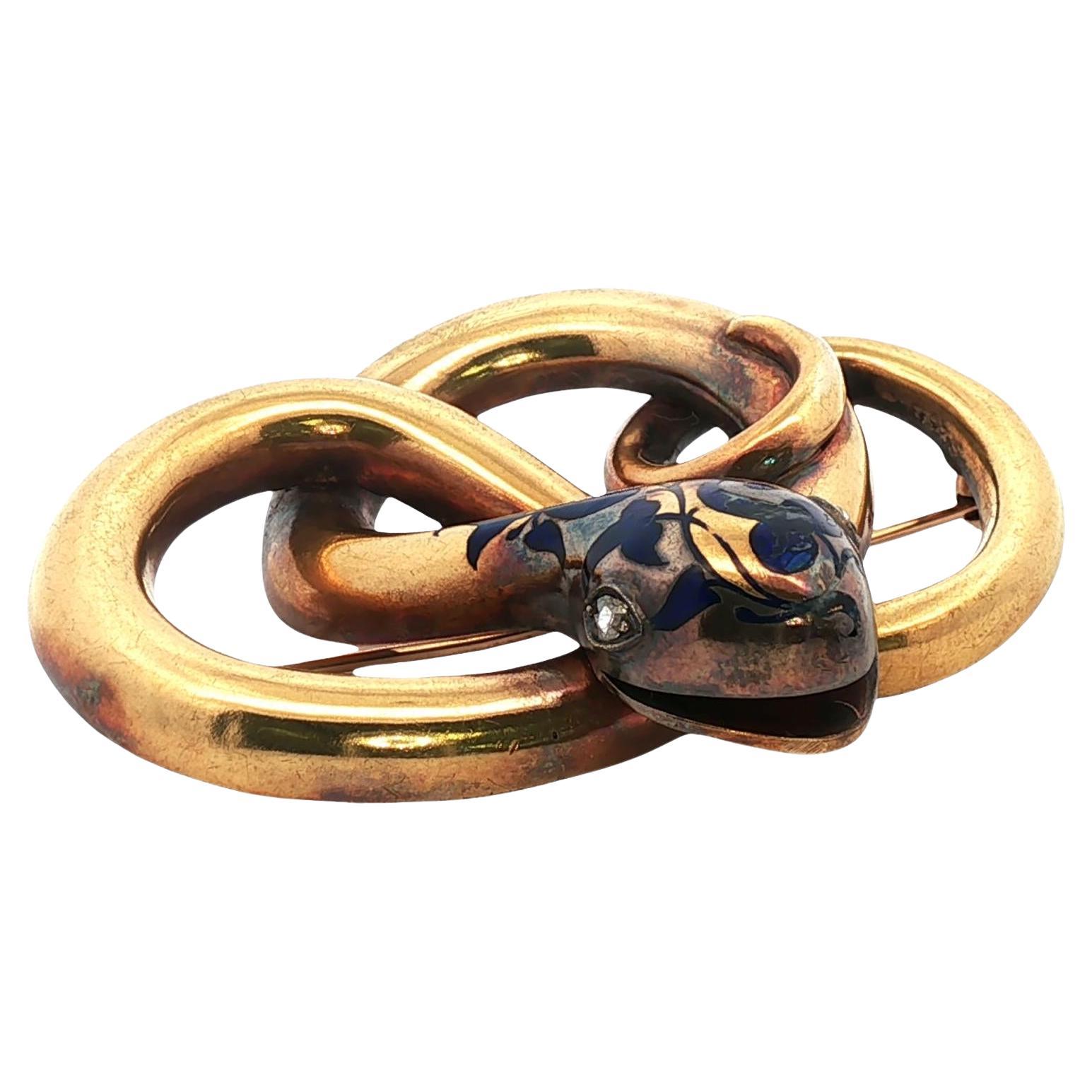 Victorian Enamel 
Rose Cut Diamond 18 Karat Yellow Gold Snake Brooch