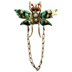 Victorian Enamel Seed Pearl Gold Butterfly Brooch and Pendant