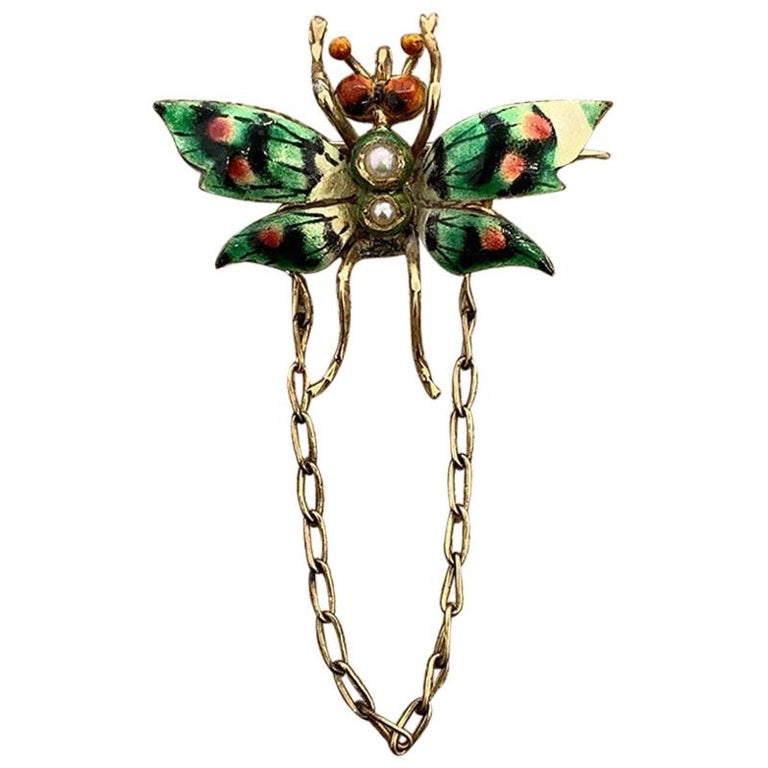 Victorian Enamel Seed Pearl Gold Butterfly Brooch and Pendant For Sale