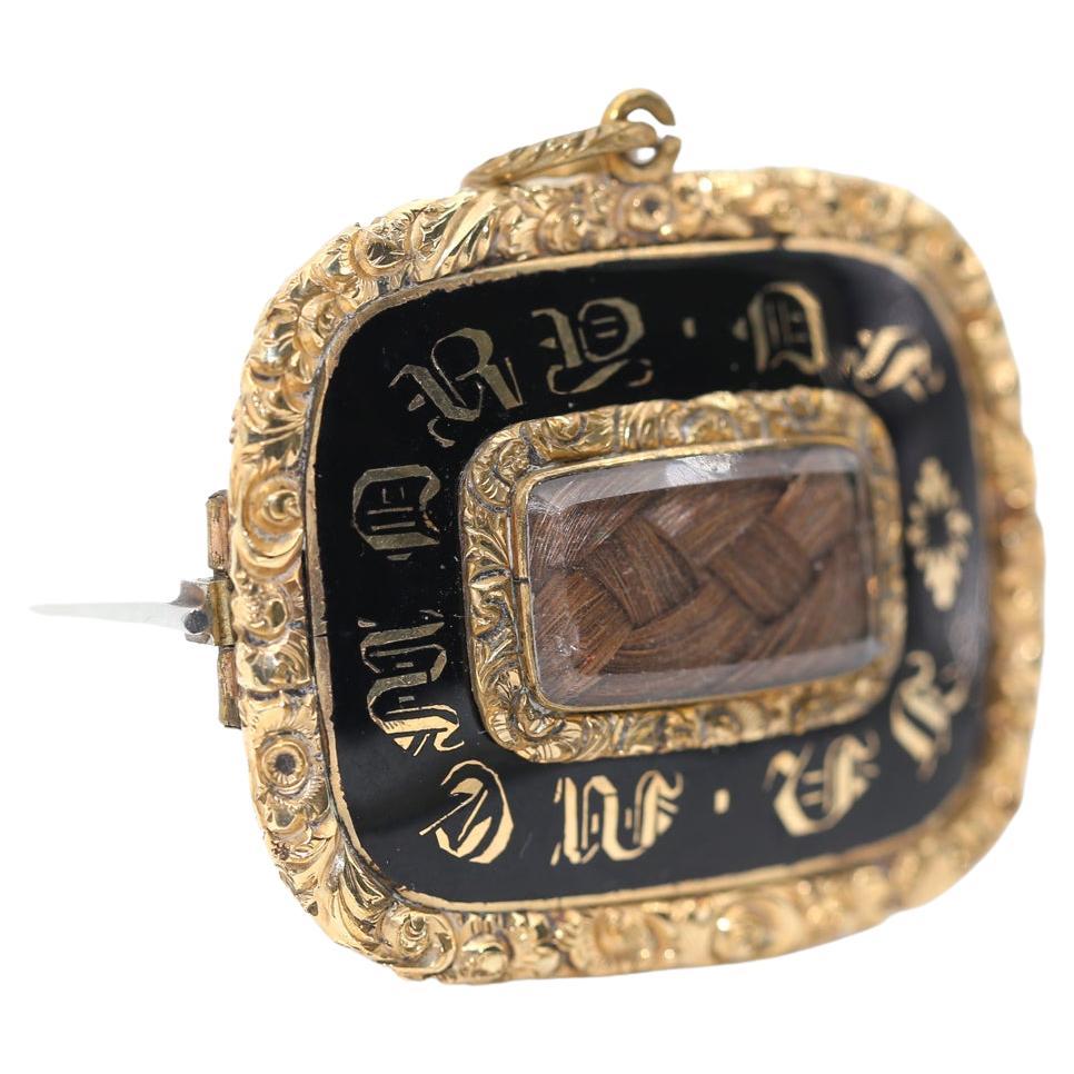Victorian enamel Yellow Gold Mourning Brooch Pendant, 1849