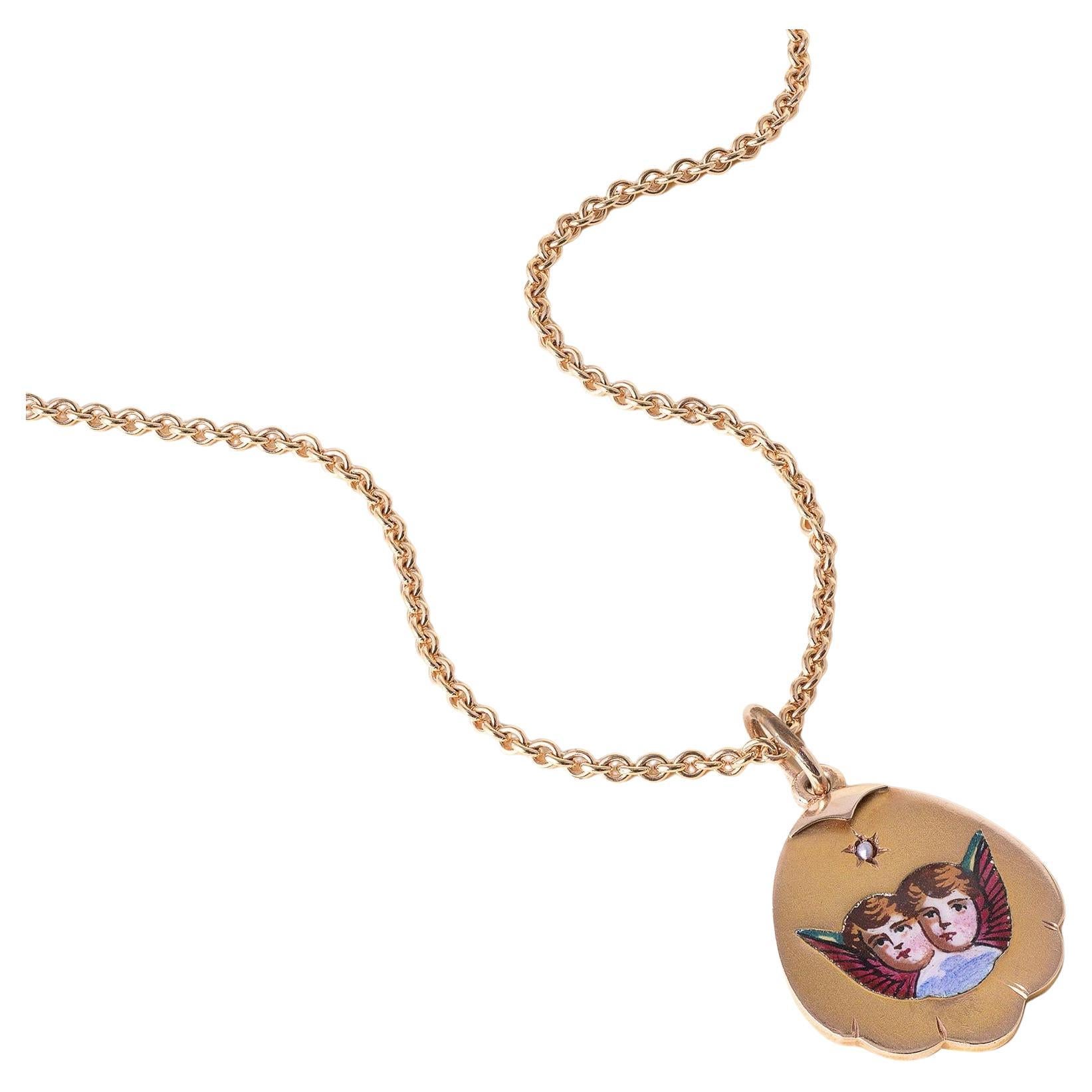 Victorian Enameled Angel Faces with Wings Pendant Necklace 14k/18k Rose Gold For Sale