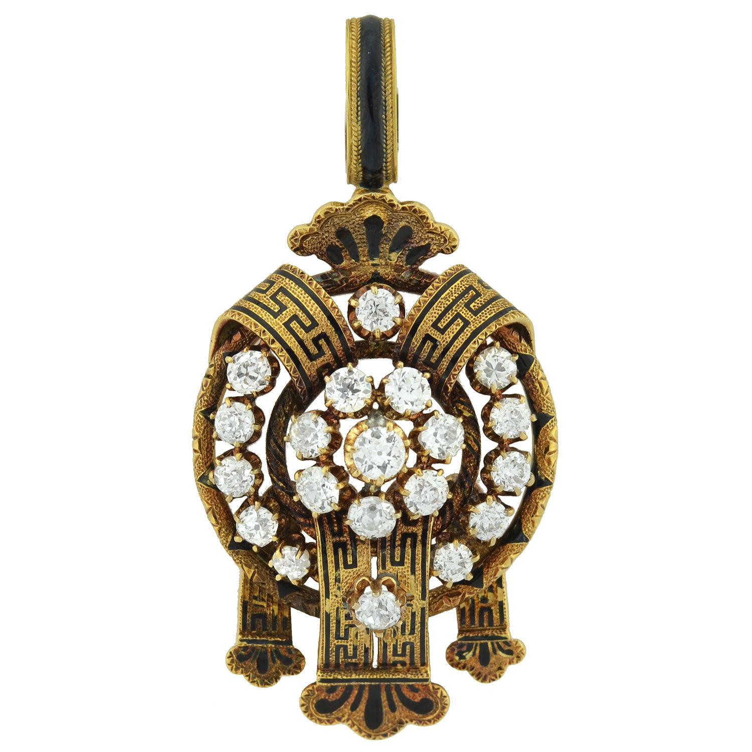 Victorian Enameled Diamond Pendant 6 Total Carat