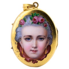 Victorian Enameled Portrait Locket in 14 Karat Yellow Gold