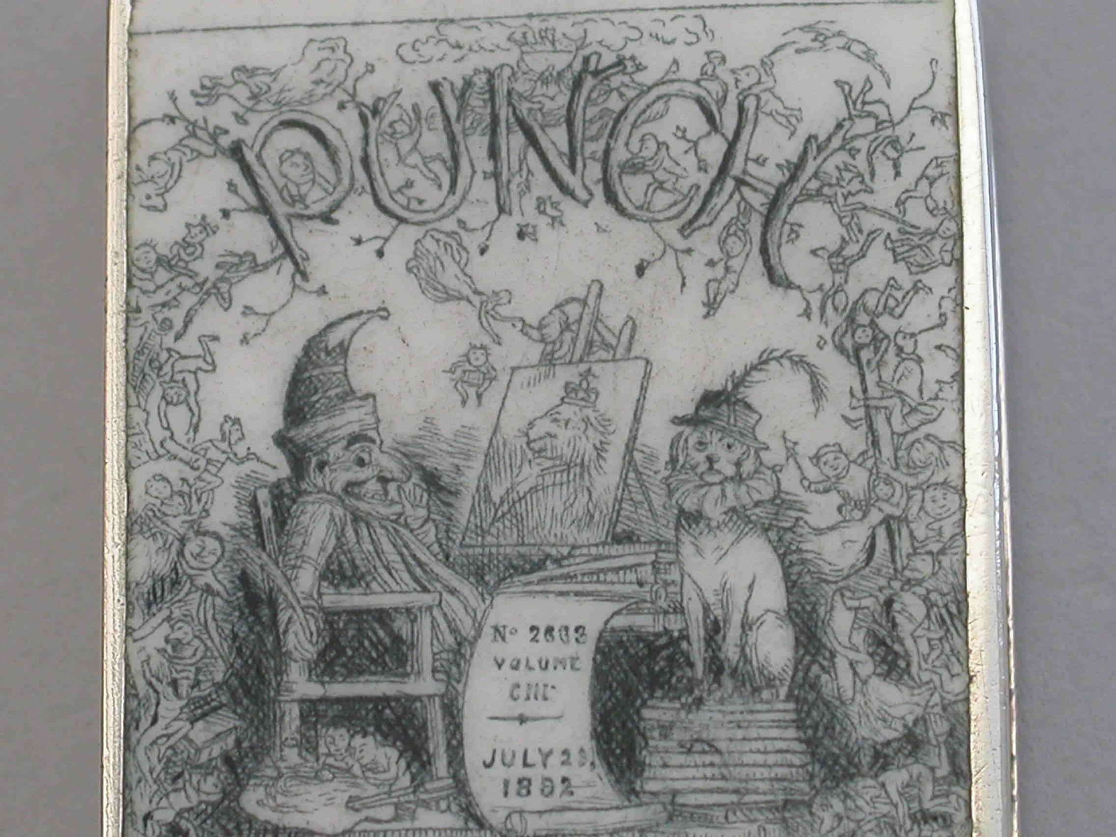 English Victorian Enameled Silver 'Punch Magazine' Cover Vesta Case, 1892