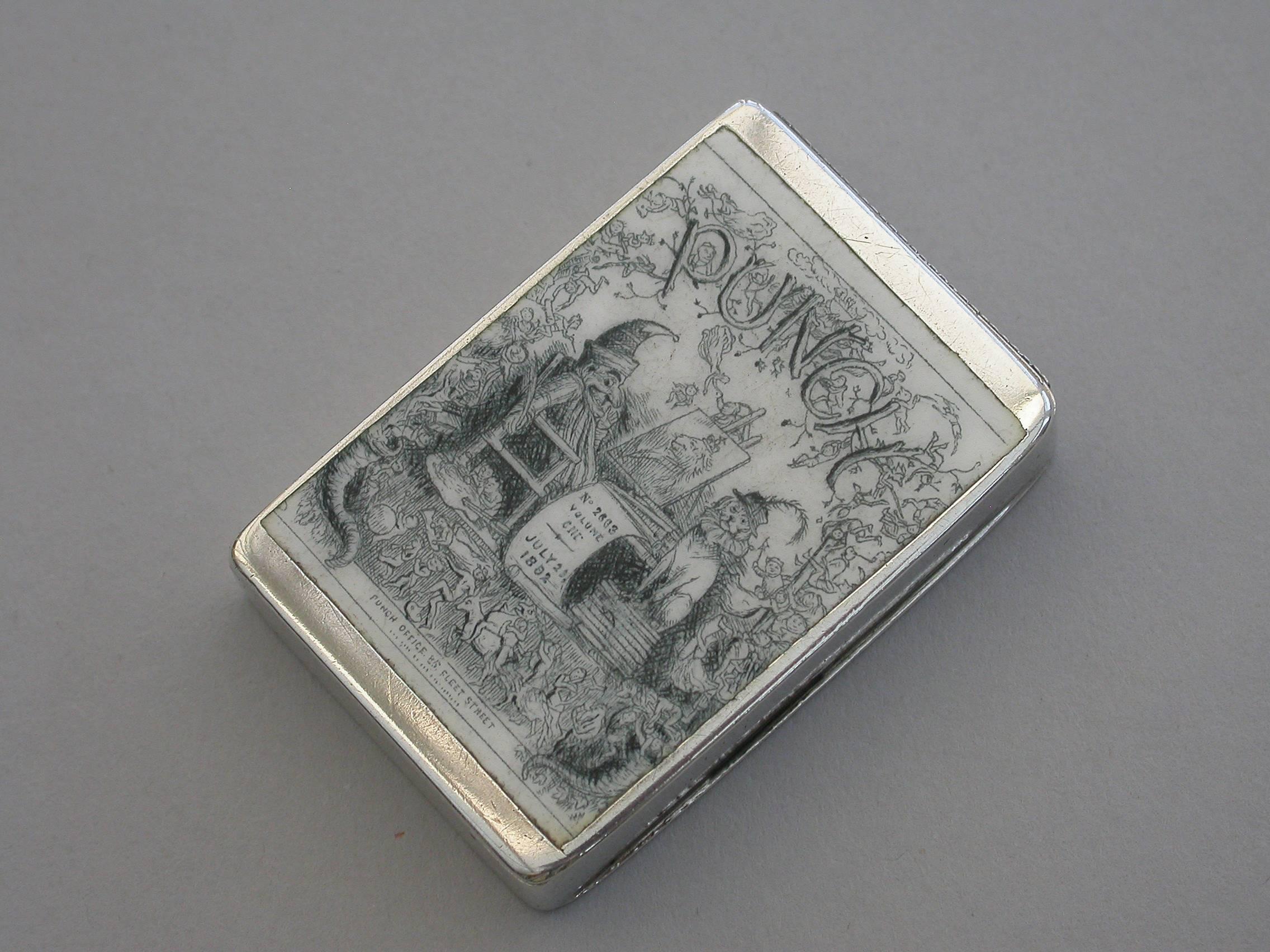 Victorian Enameled Silver 'Punch Magazine' Cover Vesta Case, 1892 In Good Condition In Sittingbourne, Kent