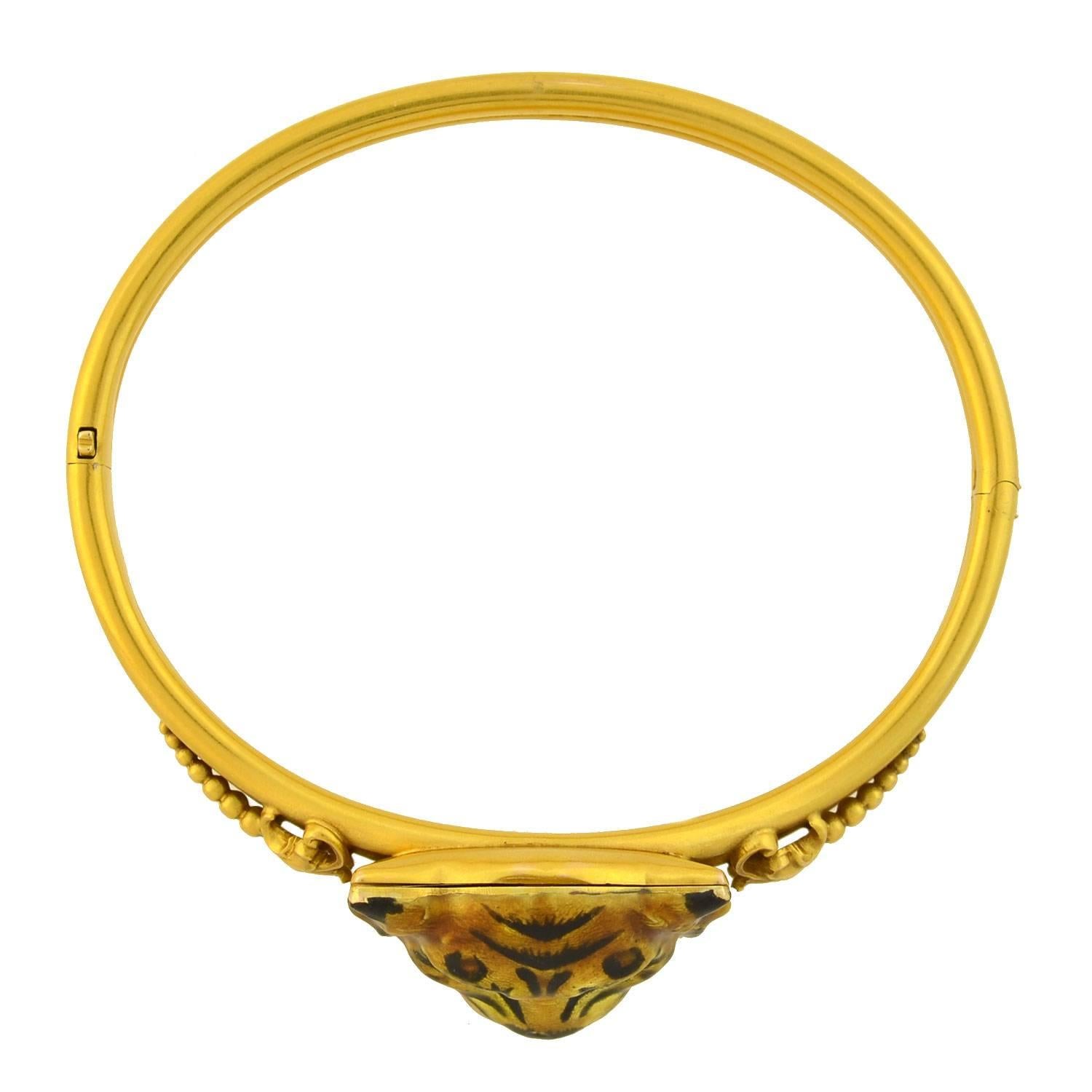 Victorian Enameled Tiger's Face Locket Bangle Bracelet In Excellent Condition In Narberth, PA