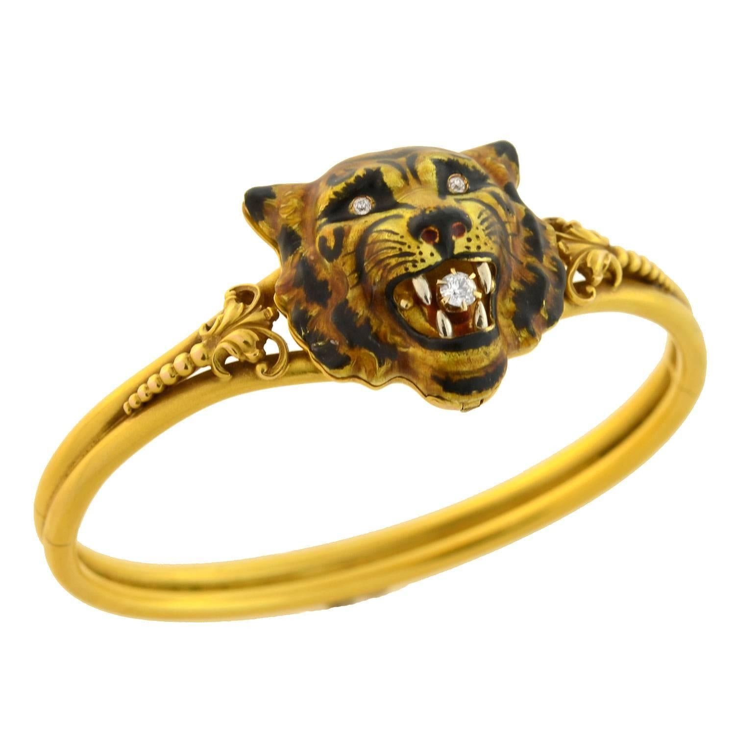 Women's Victorian Enameled Tiger's Face Locket Bangle Bracelet