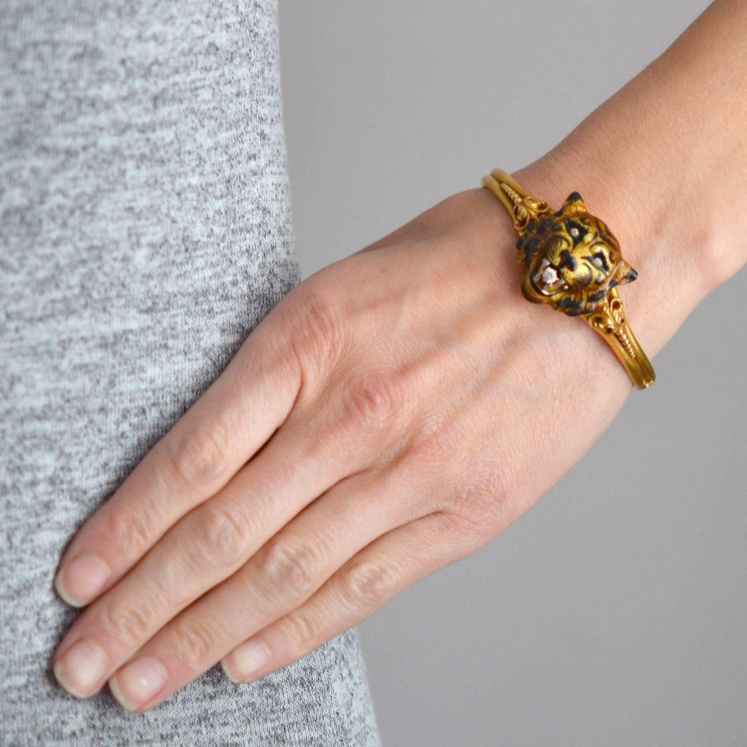 Victorian Enameled Tiger's Face Locket Bangle Bracelet 1