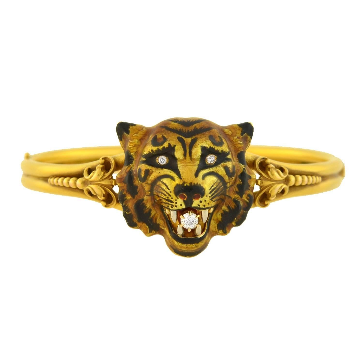 Victorian Enameled Tiger's Face Locket Bangle Bracelet