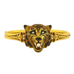 Antique Victorian Enameled Tiger's Face Locket Bangle Bracelet