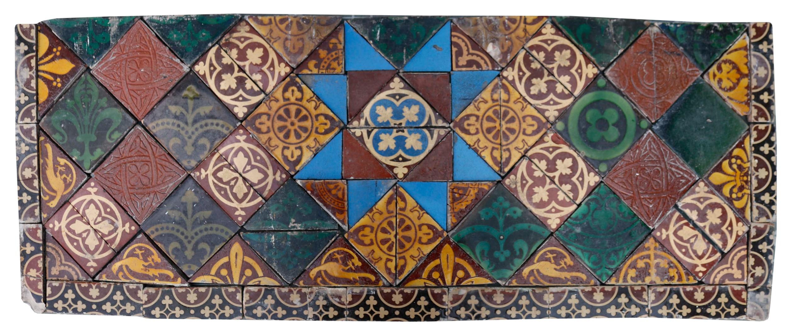 Antique Victorian Encaustic ‘Maw’ Tile Panel. This panel has been used as a fireplace hearth b.