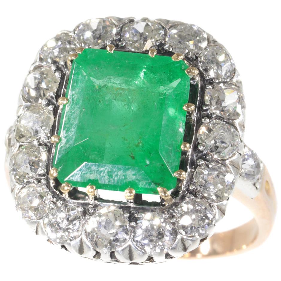 Victorian Engagement Ring with Brilliant Cut Diamond and Large Certified Emerald For Sale