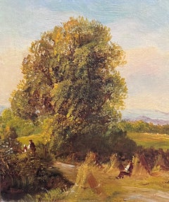 Antique 19th Century English Oil Painting Countryside Golden Harvest Fields