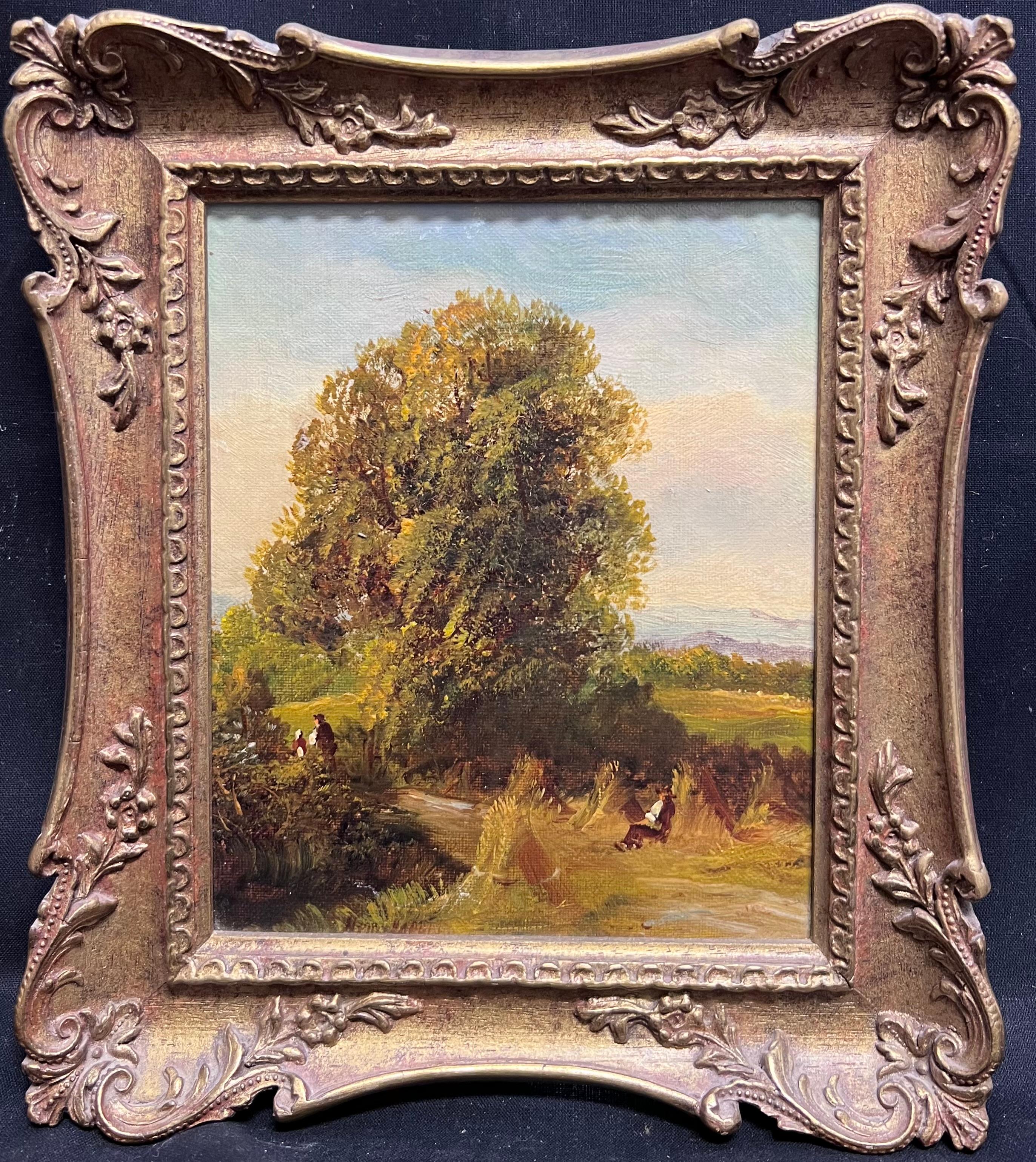 Figurative Painting di Victorian English - Antico dipinto a olio inglese del 19° secolo: campagna, campi dorati per il raccolto