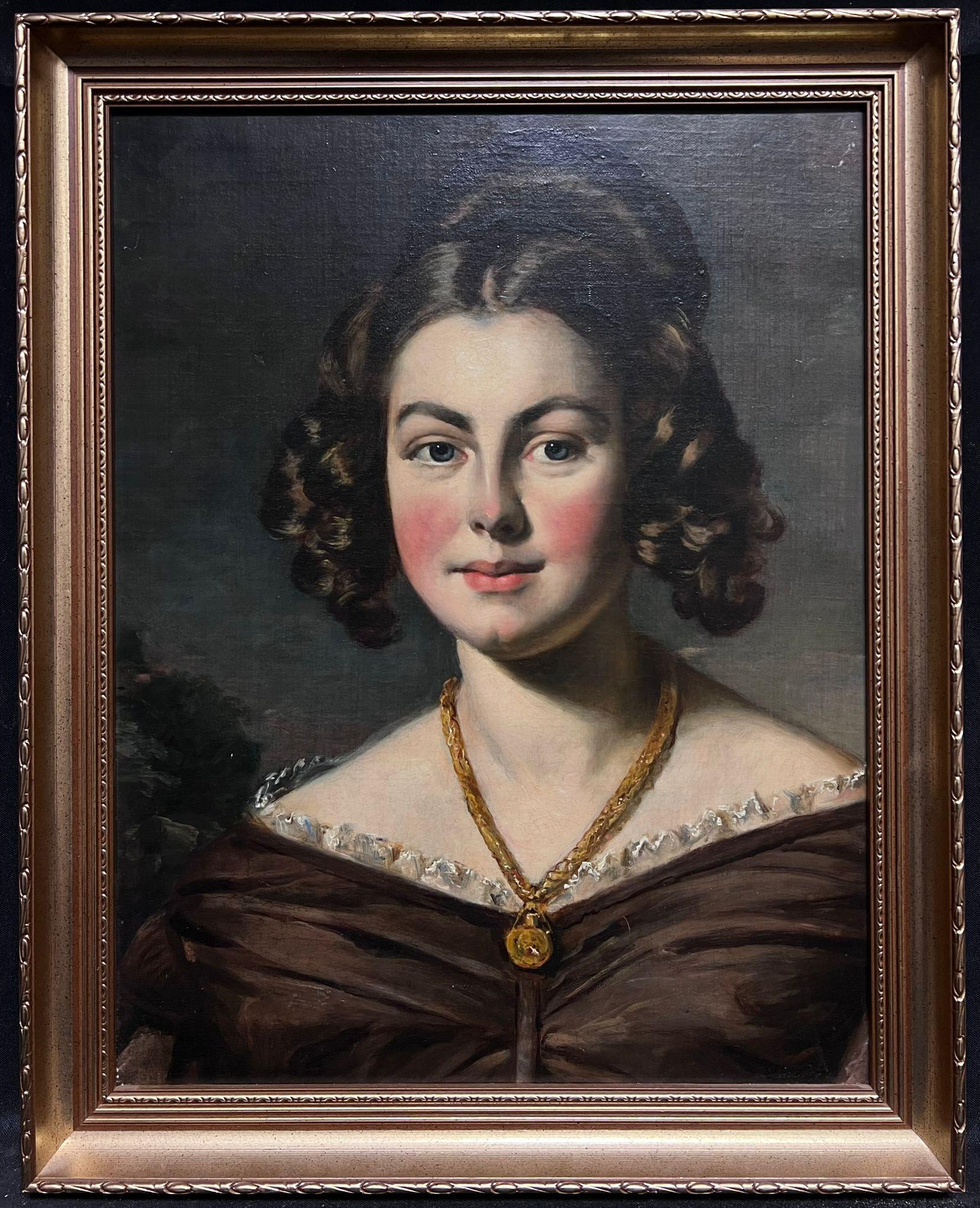 Mid Victorian English Oil Painting Portrait of a Lady with Necklace framed For Sale 1