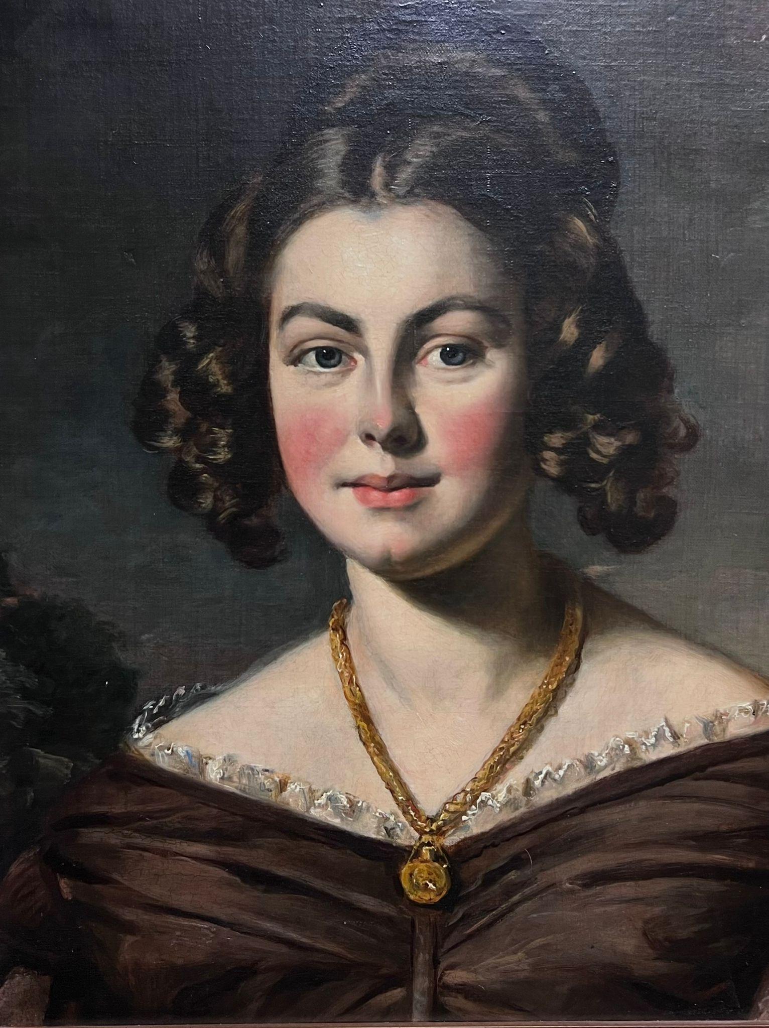 Victorian English Portrait Painting – Englisches Ölgemälde aus der Mitte des viktorianischen Zeitalters, Porträt einer Dame mit Halskette, gerahmt