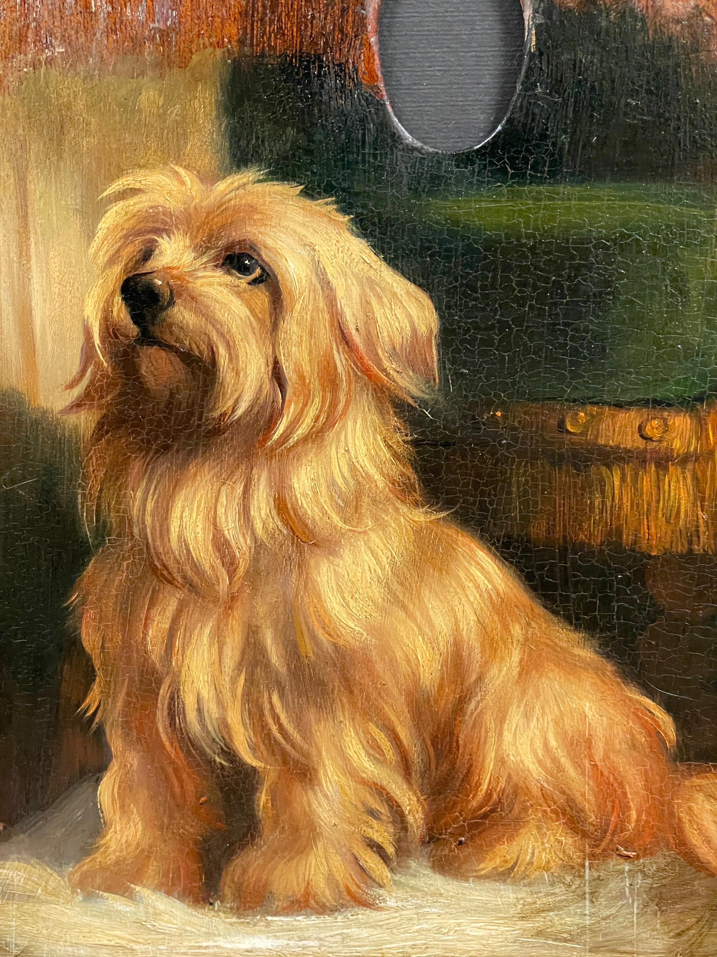 Victorian English Interior Painting - Terrier Dog Waiting for his Master, Victorian Oil Painting on Mahogany Palette