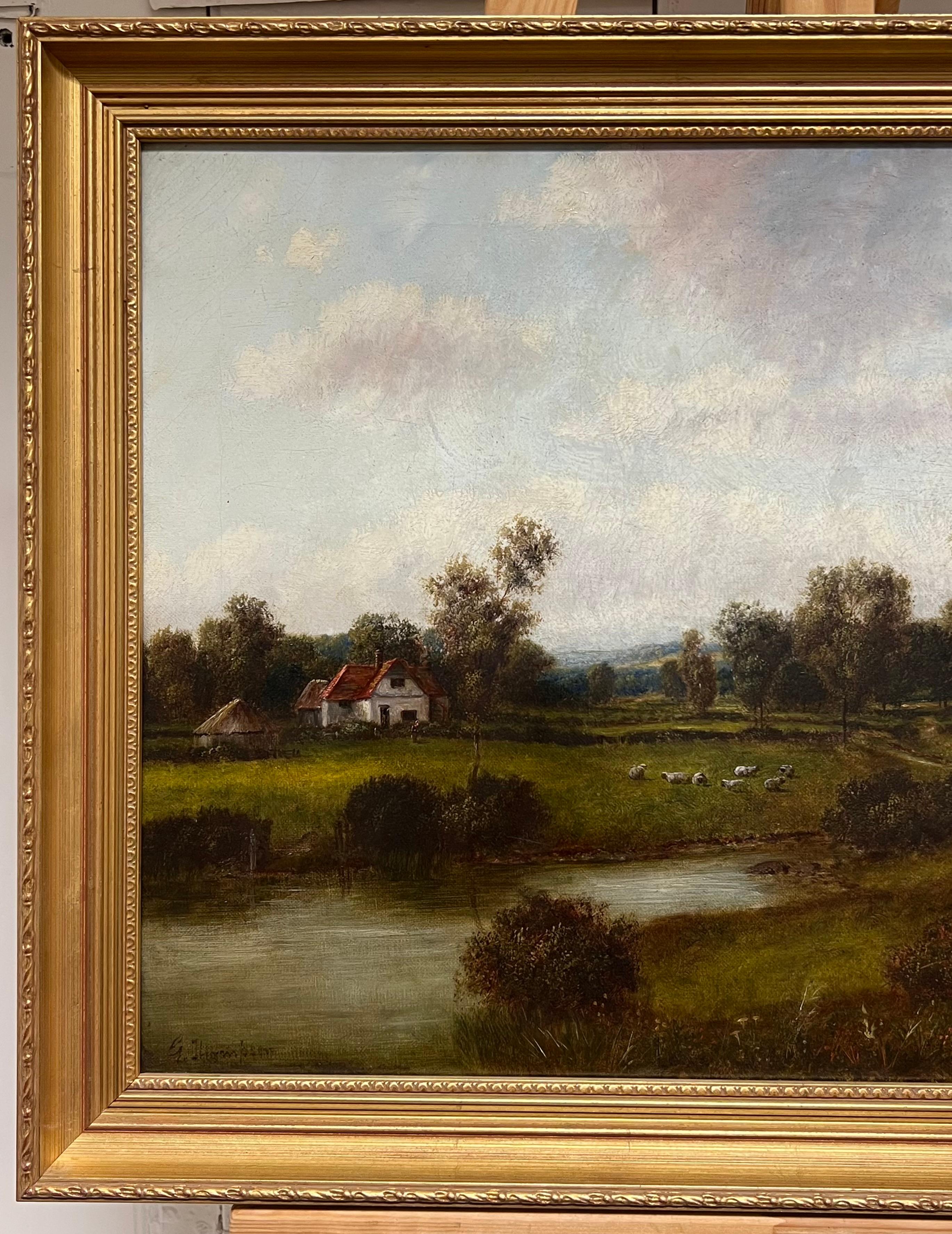 Pintura al óleo tradicional inglesa victoriana del siglo XIX firmada Paisaje rural en venta 7