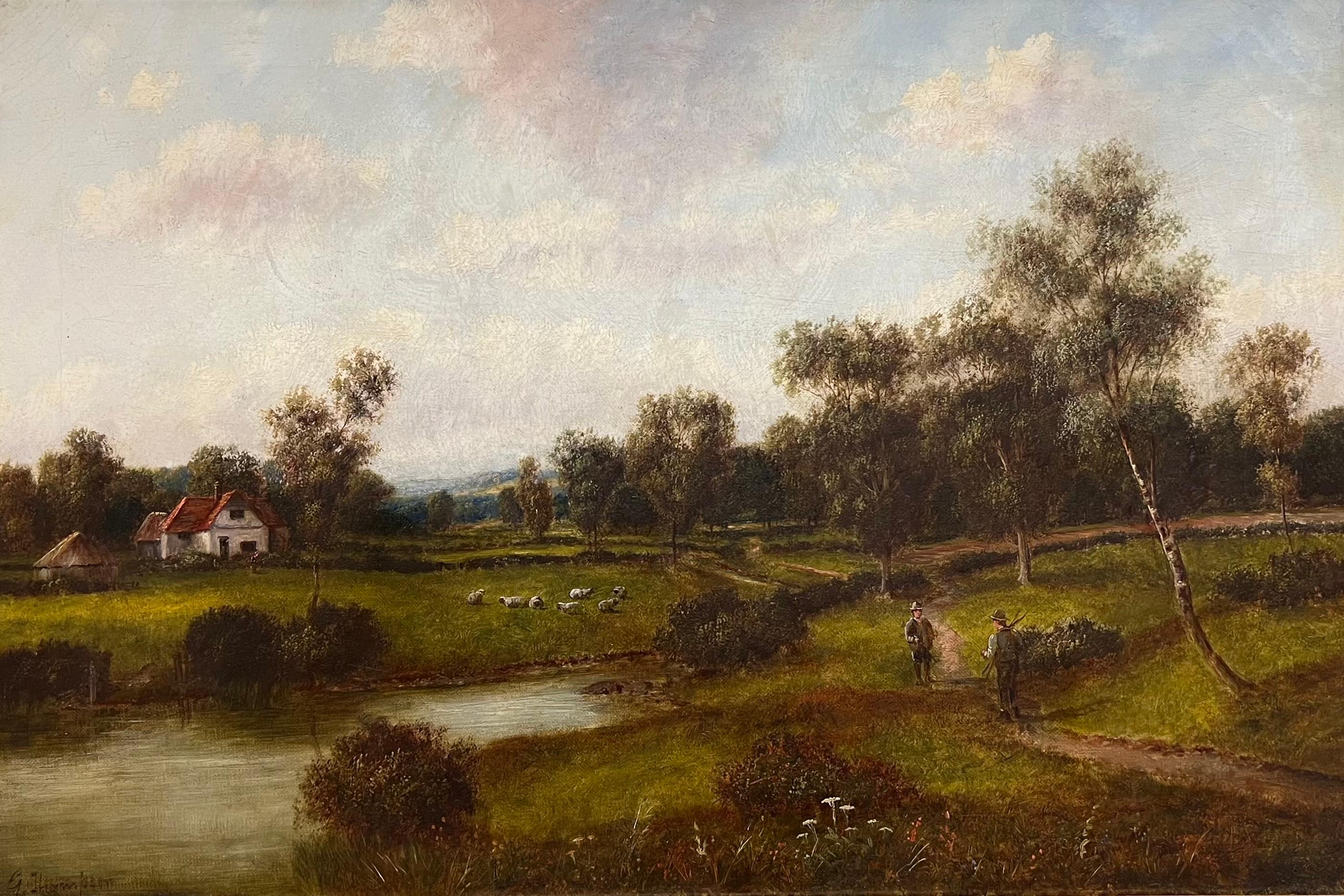 Pintura al óleo tradicional inglesa victoriana del siglo XIX firmada Paisaje rural - Painting de Victorian English
