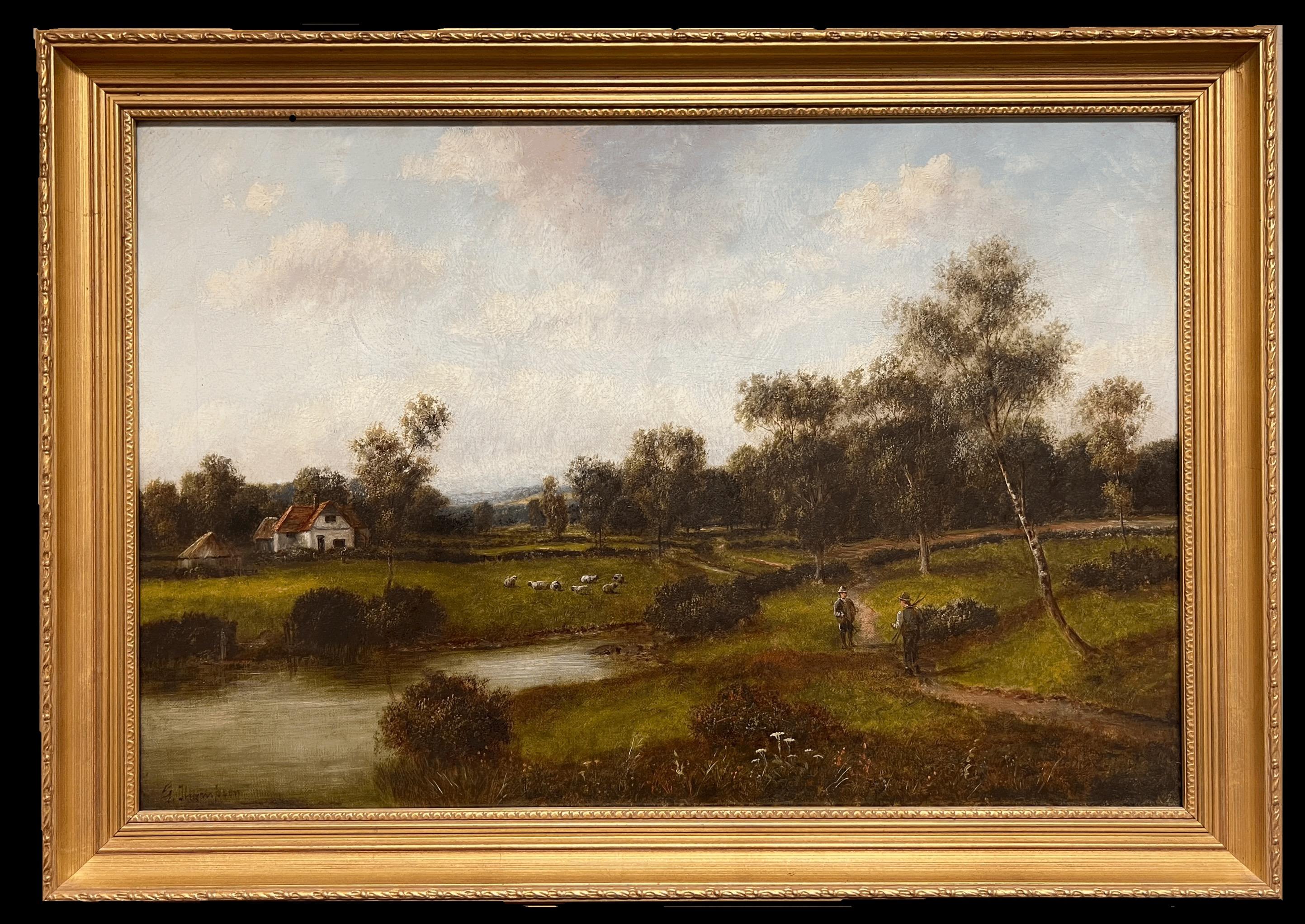 Pintura al óleo tradicional inglesa victoriana del siglo XIX firmada Paisaje rural - Painting Victoriano de Victorian English