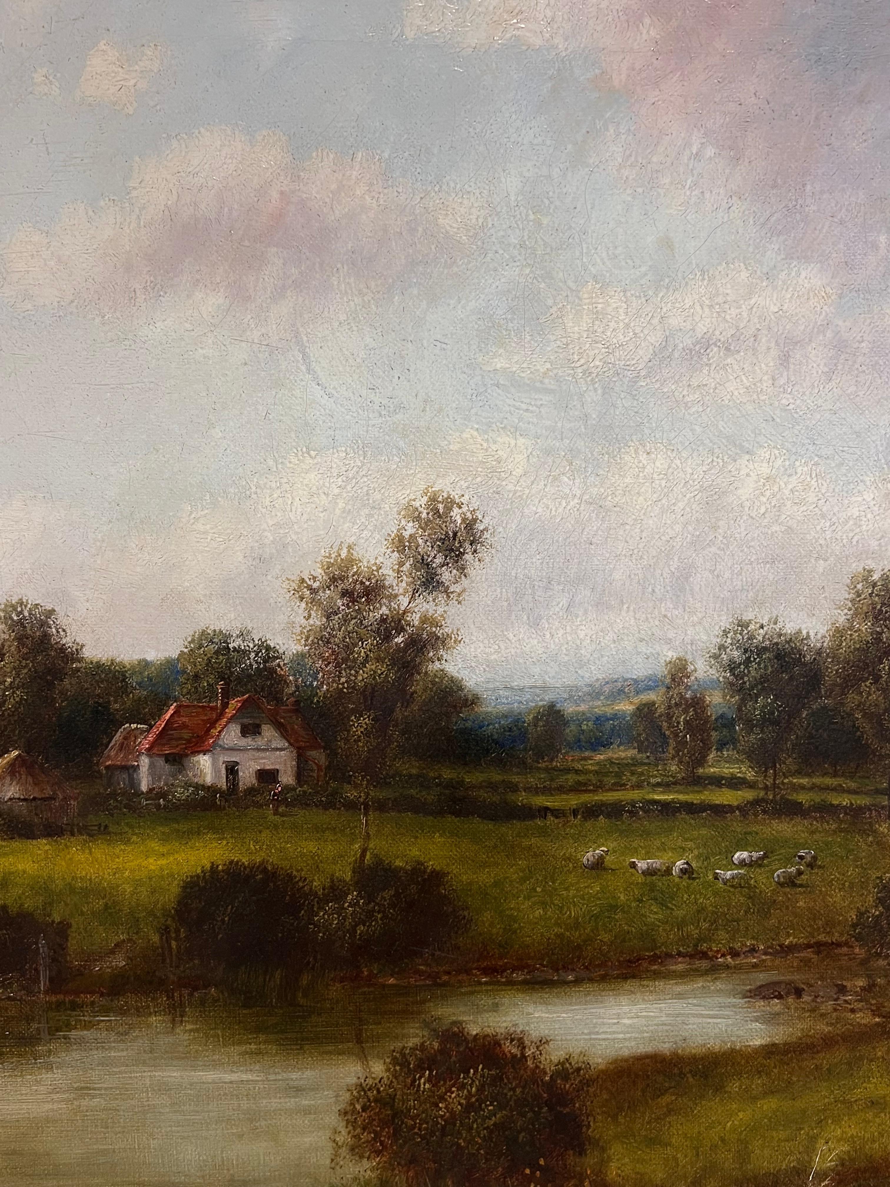 Pintura al óleo tradicional inglesa victoriana del siglo XIX firmada Paisaje rural en venta 1