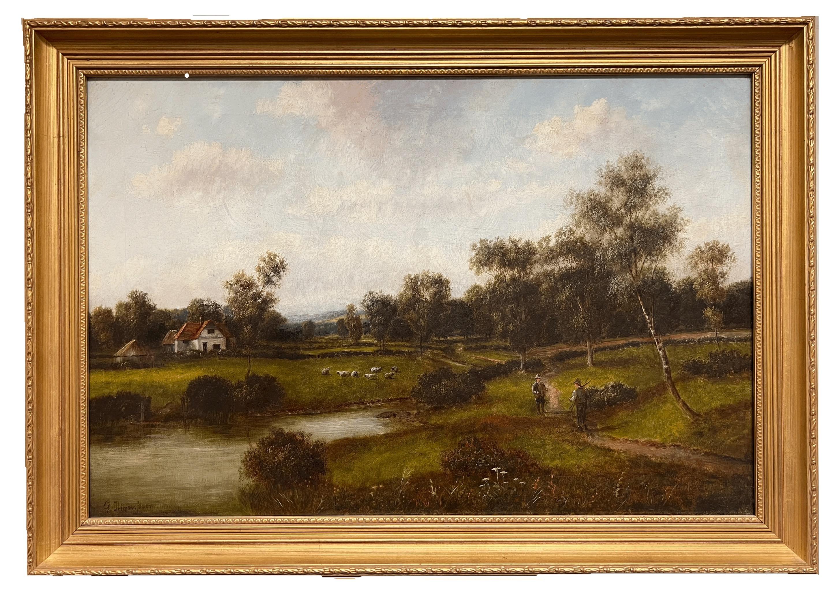 Landscape Painting de Victorian English - Pintura al óleo tradicional inglesa victoriana del siglo XIX firmada Paisaje rural