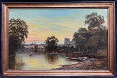 Windsor/ Eton on the River Thames Sunset Antique Signed English Oil Painting