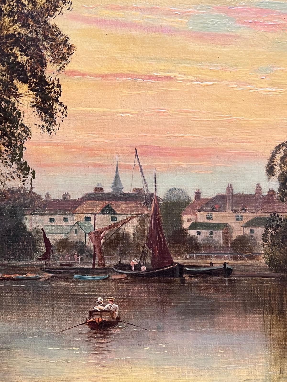 Windsor/ Eton on the River Thames Sunset Antique Signed English Oil Painting For Sale 3