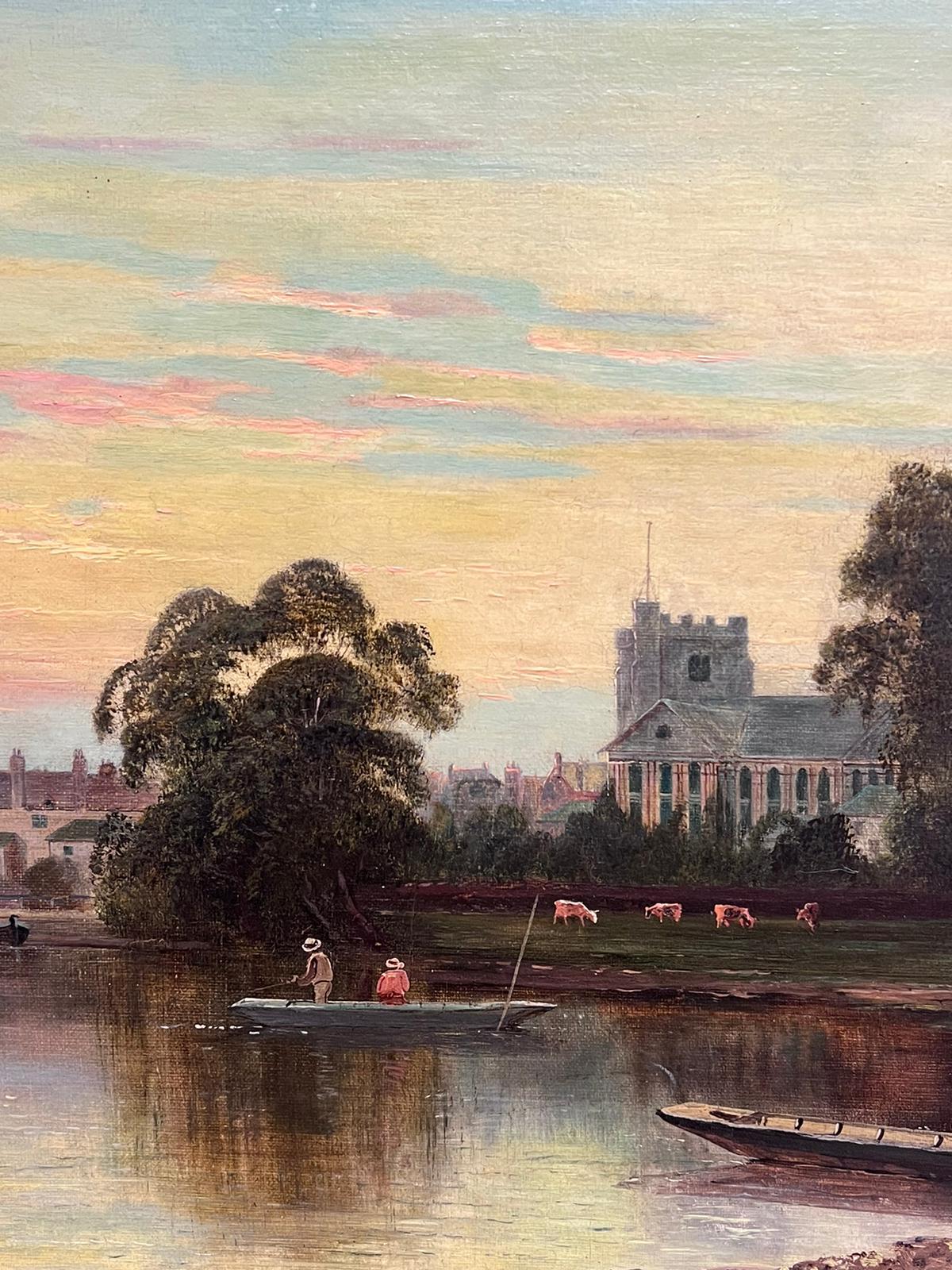 Windsor/ Eton on the River Thames Sunset Antique Signed English Oil Painting For Sale 7