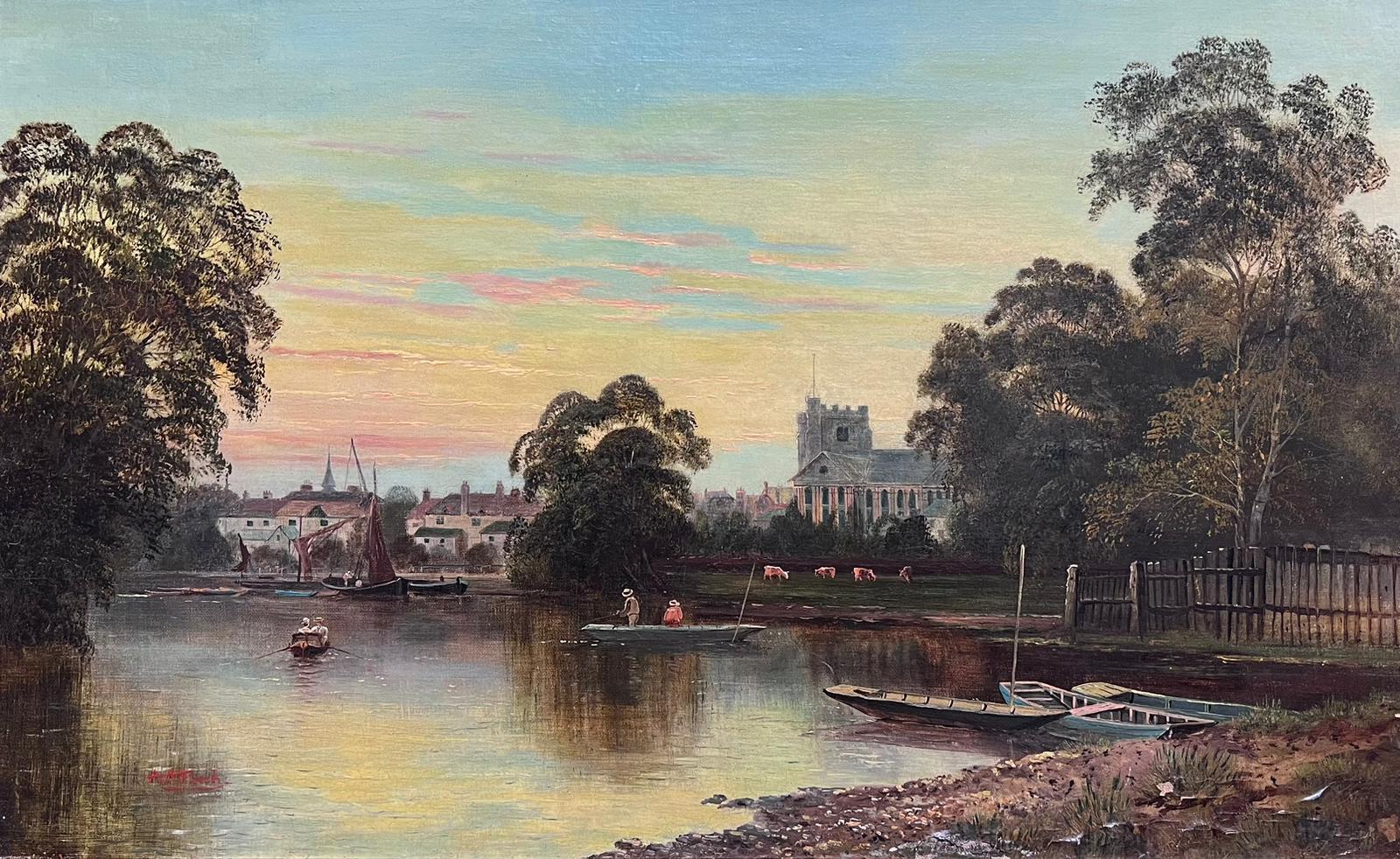Victorian English Landscape Painting - Windsor/ Eton on the River Thames Sunset Antique Signed English Oil Painting