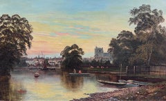 Windsor/ Eton on the River Thames Sunset Antique Signed English Oil Painting