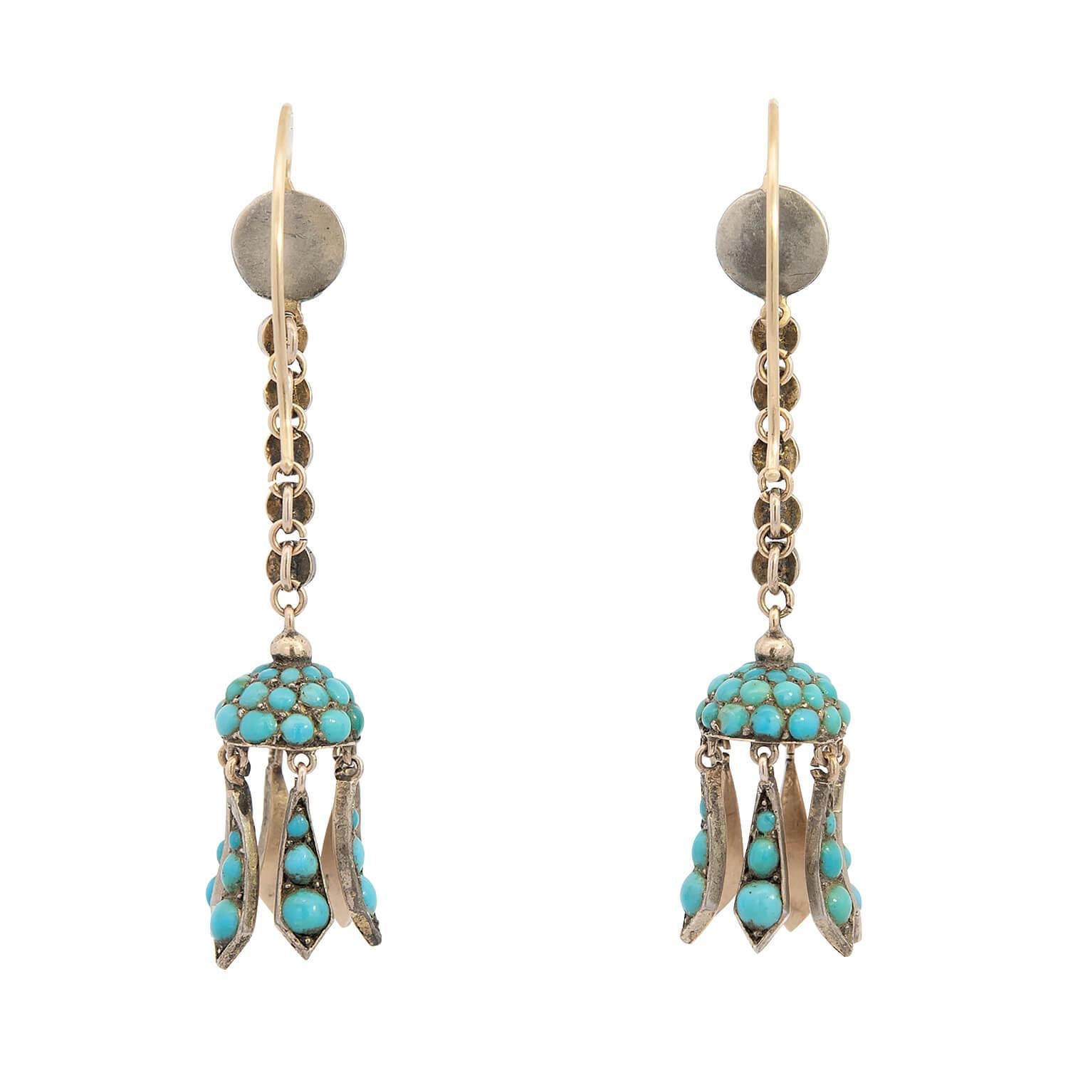 Victorian English 14k/Sterling Silver Turquoise Dangle Earring (Viktorianisch) im Angebot