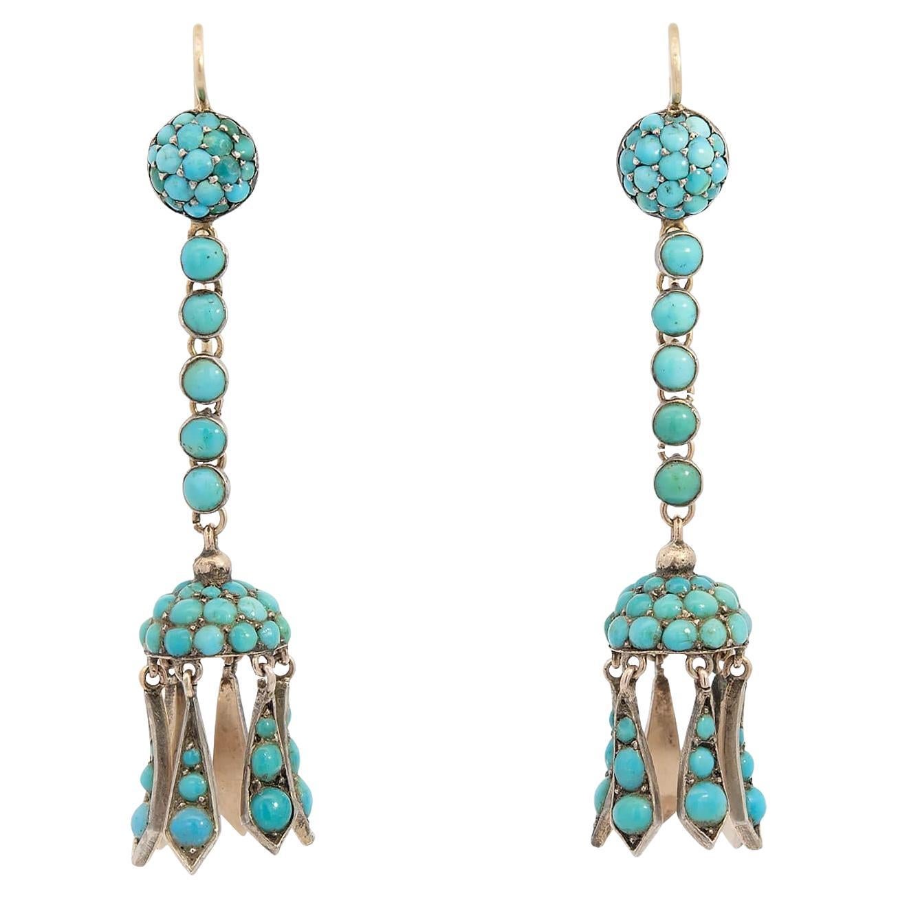 Victorian English 14k/Sterling Silver Turquoise Dangle Earring im Angebot