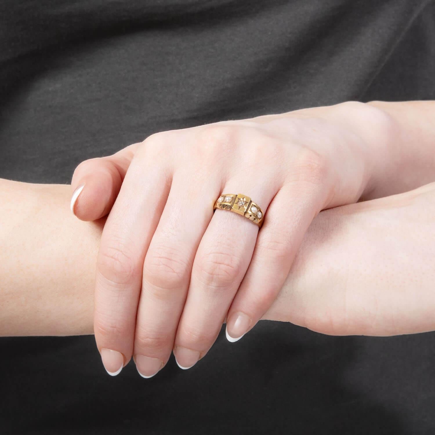 Victorian English 15k Diamond and Pearl Ring For Sale 2
