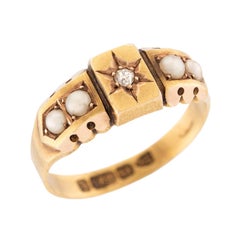 Antique Victorian English 15k Diamond and Pearl Ring
