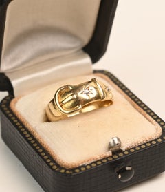 Victorian English 18k Gold Ring. 0.04ct Two Diamonds in Buckle Ring Yellow Gold