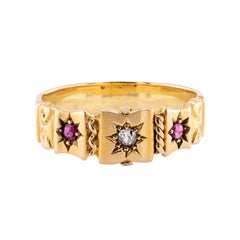 Victorian English 18k Ruby & Diamond Starburst-Motif Ring