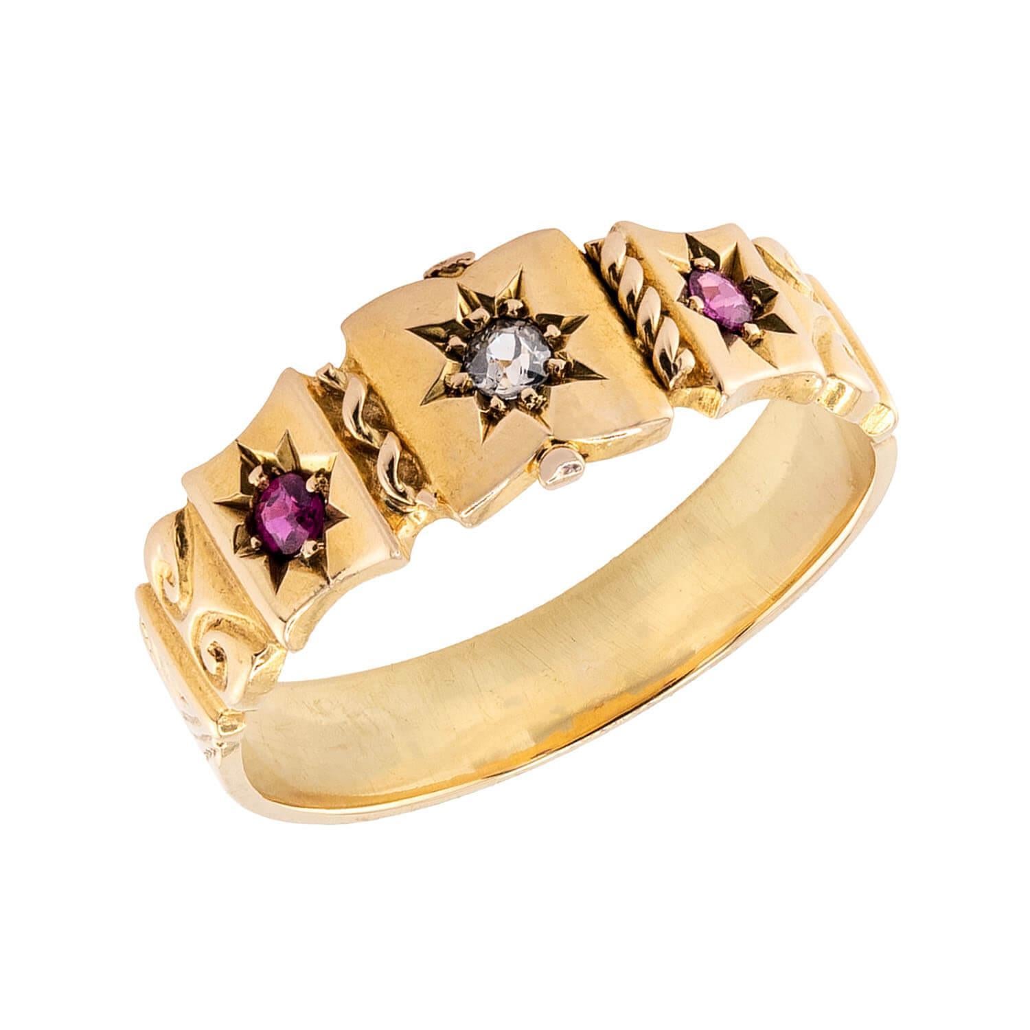 Victorian English 18k Ruby 
Diamond Starburst-Motif Ring