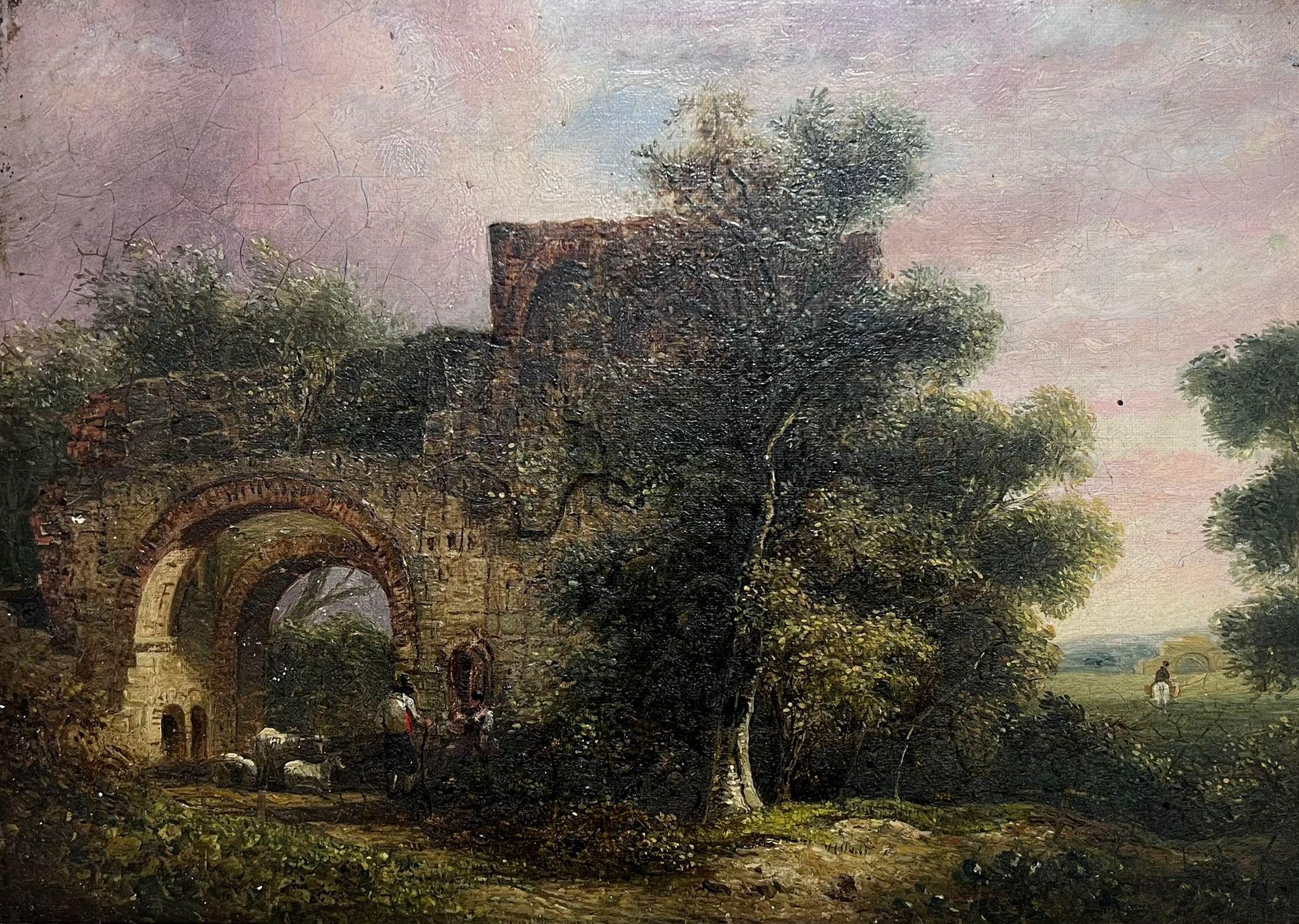 Pittura ad olio inglese del XIX secolo Figure in un paesaggio tra vecchie rovine - Painting di Victorian English 19thC Oil 
