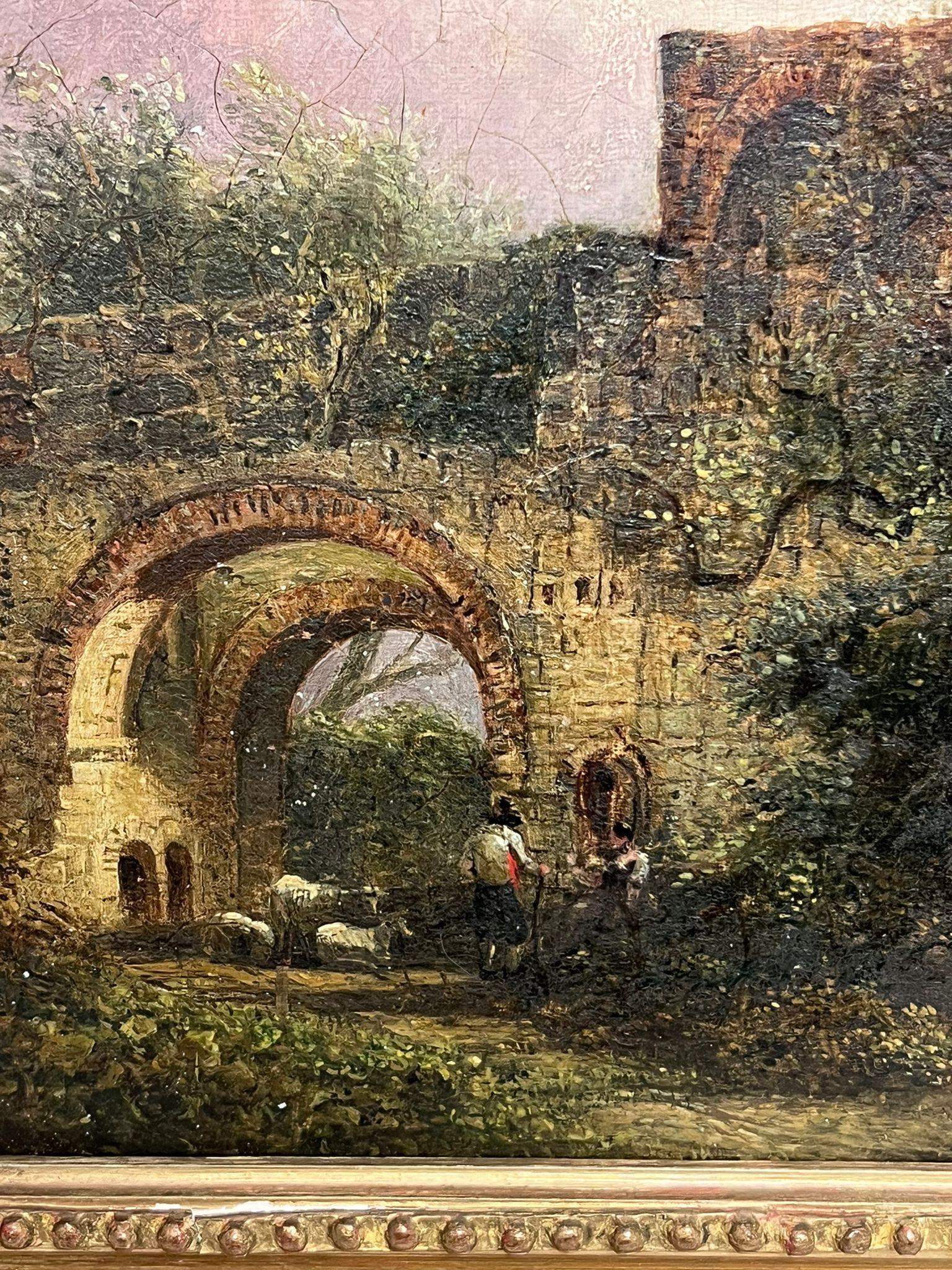 Pittura ad olio inglese del XIX secolo Figure in un paesaggio tra vecchie rovine - Painting Vittoriano di Victorian English 19thC Oil 