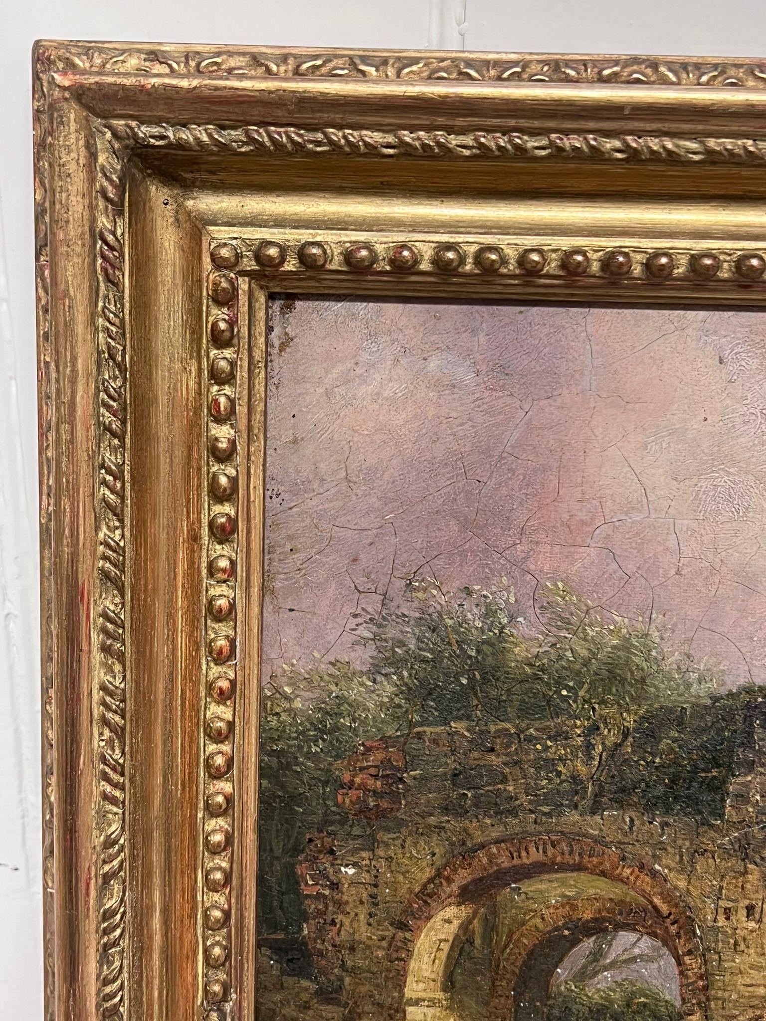 Pittura ad olio inglese del XIX secolo Figure in un paesaggio tra vecchie rovine - Figurative Painting Marrone di Victorian English 19thC Oil 