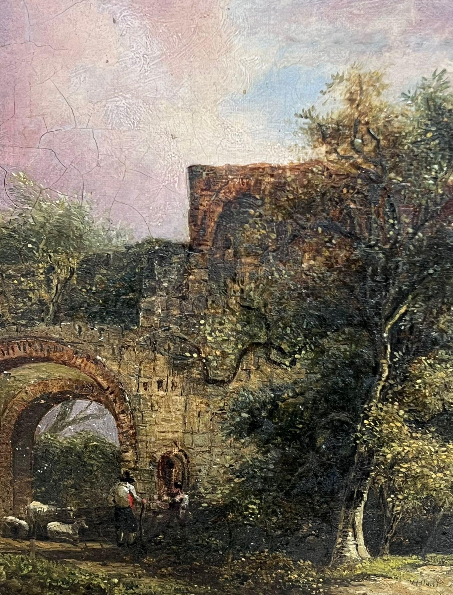Pittura ad olio inglese del XIX secolo Figure in un paesaggio tra vecchie rovine 1