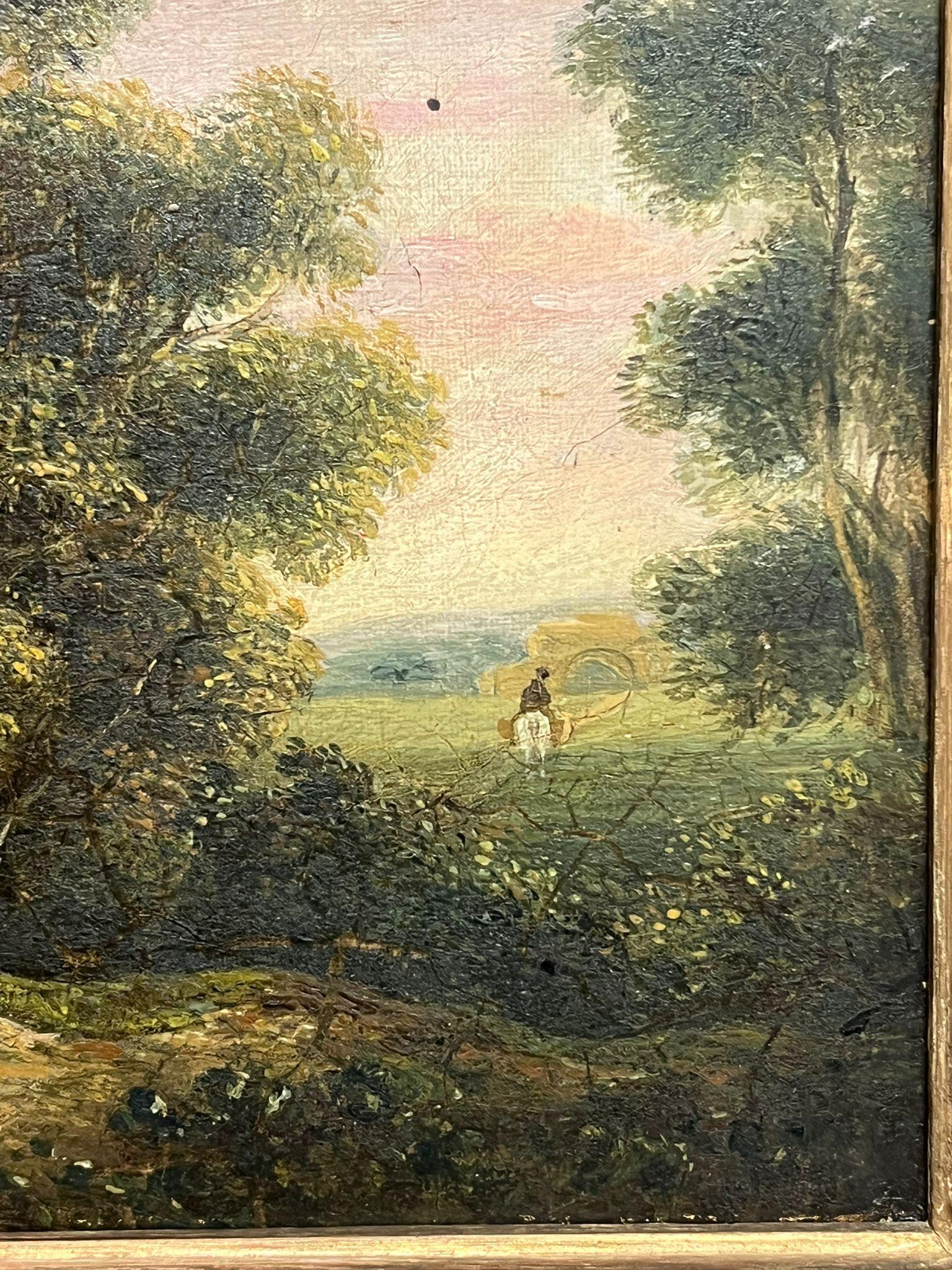 Pittura ad olio inglese del XIX secolo Figure in un paesaggio tra vecchie rovine 2