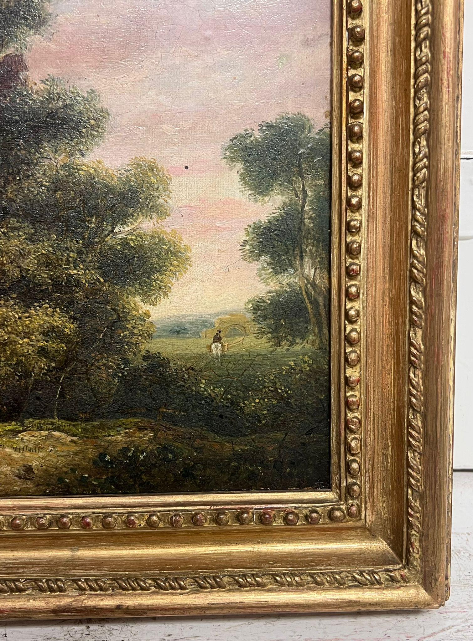 Pittura ad olio inglese del XIX secolo Figure in un paesaggio tra vecchie rovine 3