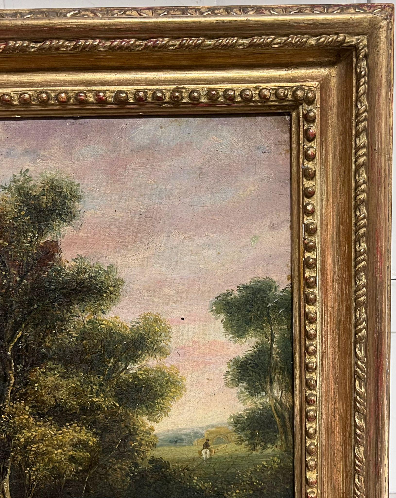 Pittura ad olio inglese del XIX secolo Figure in un paesaggio tra vecchie rovine 4