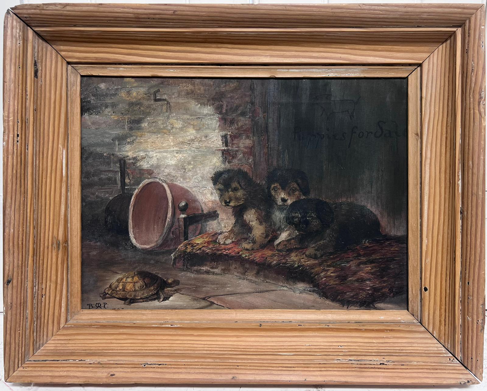 19th Century English Signed Oil Puppies in Barn Watching Tortoise on Floor - Painting by Victorian English 19thC Oil 
