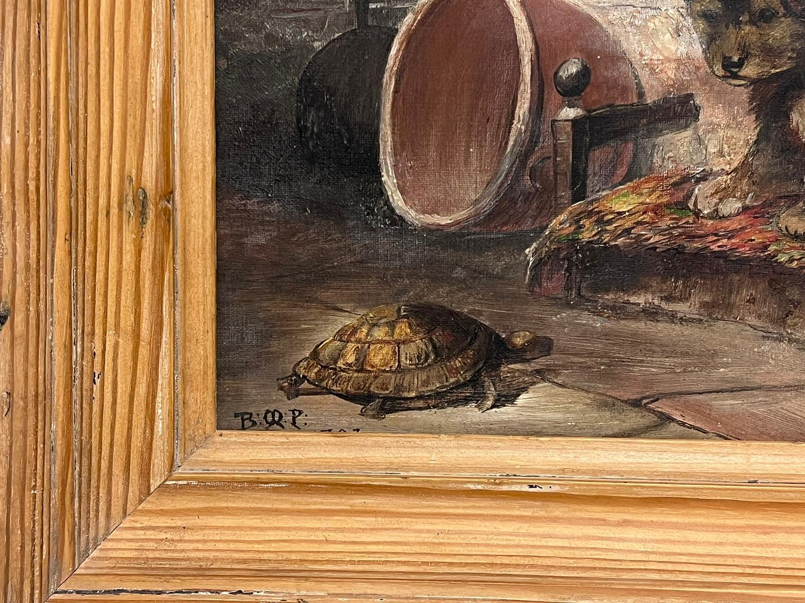 19th Century English Signed Oil Puppies in Barn Watching Tortoise on Floor For Sale 1