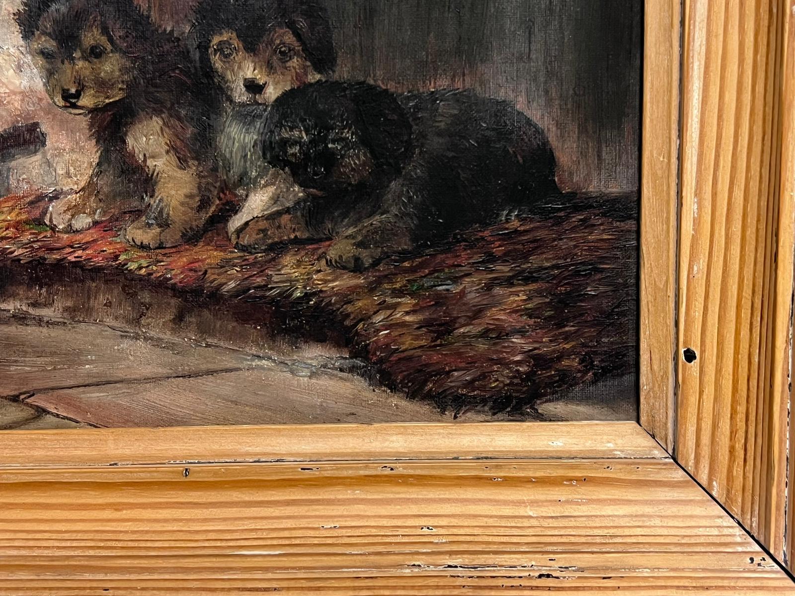 19th Century English Signed Oil Puppies in Barn Watching Tortoise on Floor For Sale 2