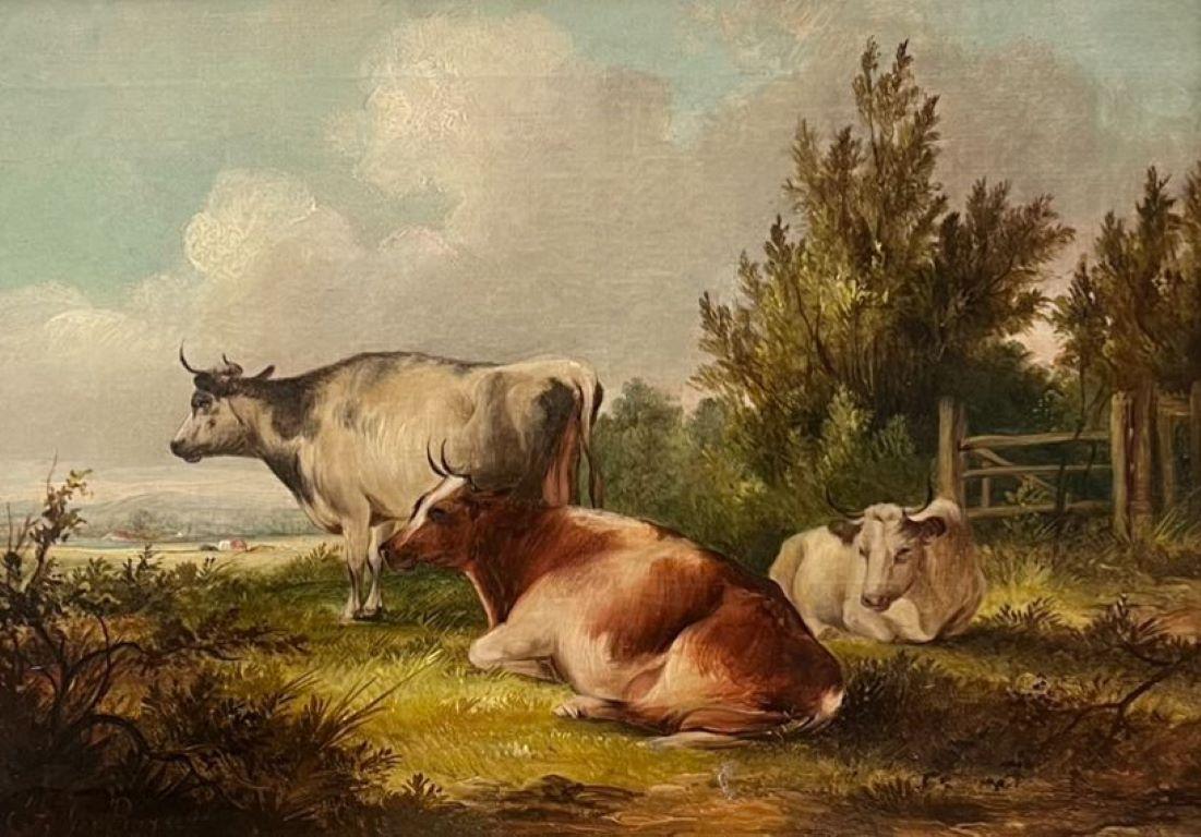 Bestiame che riposa in un paesaggio pastorale tranquillo, olio inglese firmato e datato - Painting di Victorian English 19thC Oil 
